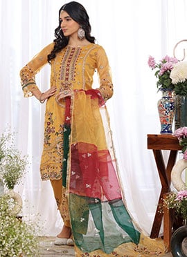 Yellow Organza Embroidered Pakistani Suit