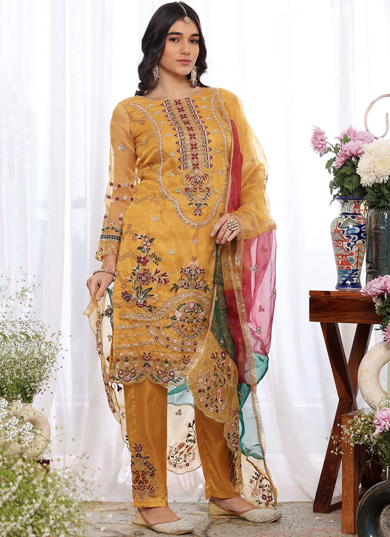 Yellow Organza Embroidered Pakistani Suit Party Wear