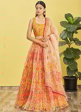 Yellow Organza Embroidered Printed Umbrella Lehenga