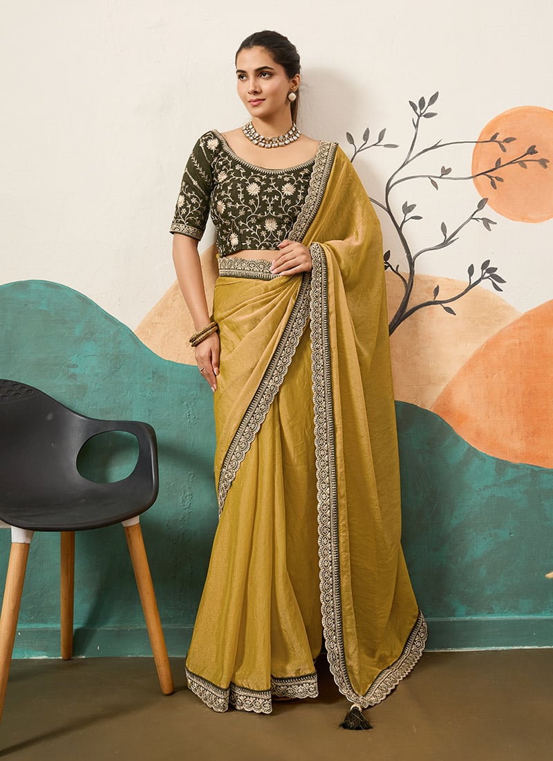 Yellow Organza Embroidered Sequin Saree Festive Wear