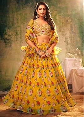 Yellow Organza Embroidered Sequins and Printed Work Umbrella Lehenga