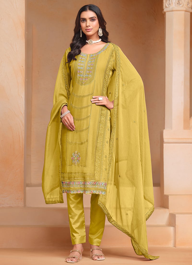 Yellow Organza Embroidered Sequins Straight Pant Suit Festive Wear