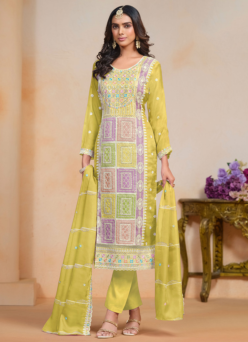 Amazing Yellow Organza Material Pant Style Suit