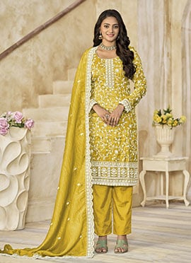 Yellow Organza Embroidered Sequins Straight Pant Suit