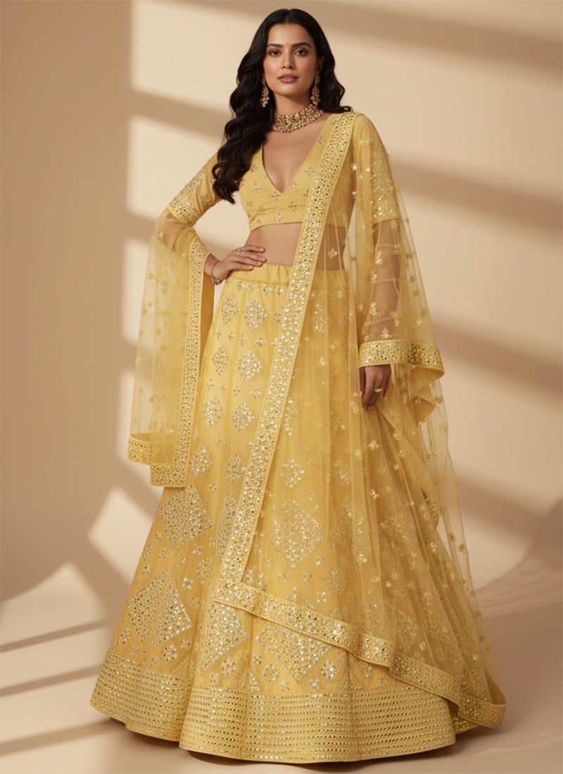 Yellow Organza Embroidered Umbrella Lehenga Wedding Wear