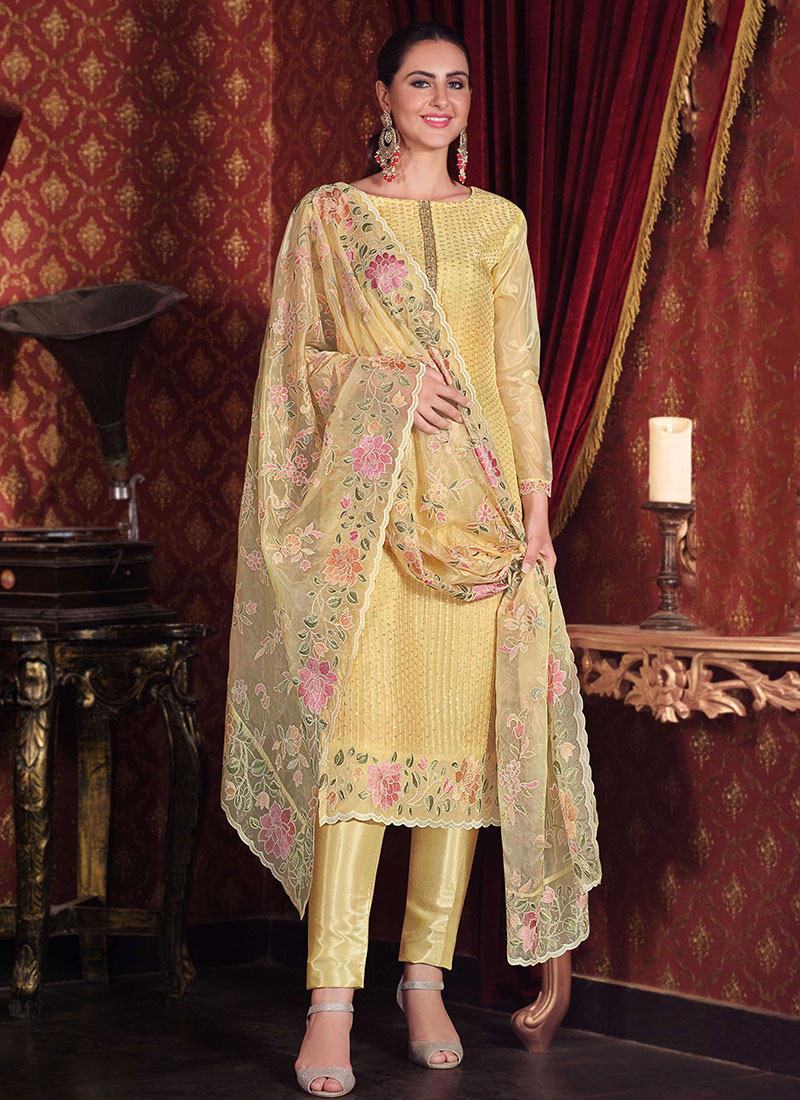 Buy Yellow Organza Embroidery Straight Pant Suit Party Wear, Sequins