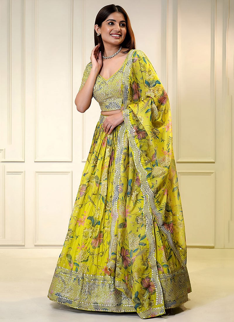 Yellow Organza Floral Digital Print Zari Embroidered Sequins Lehenga Wedding Wear