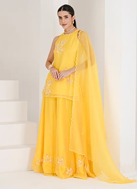 Yellow Organza Hand Embroidered Sequins With Beads Work Lehenga