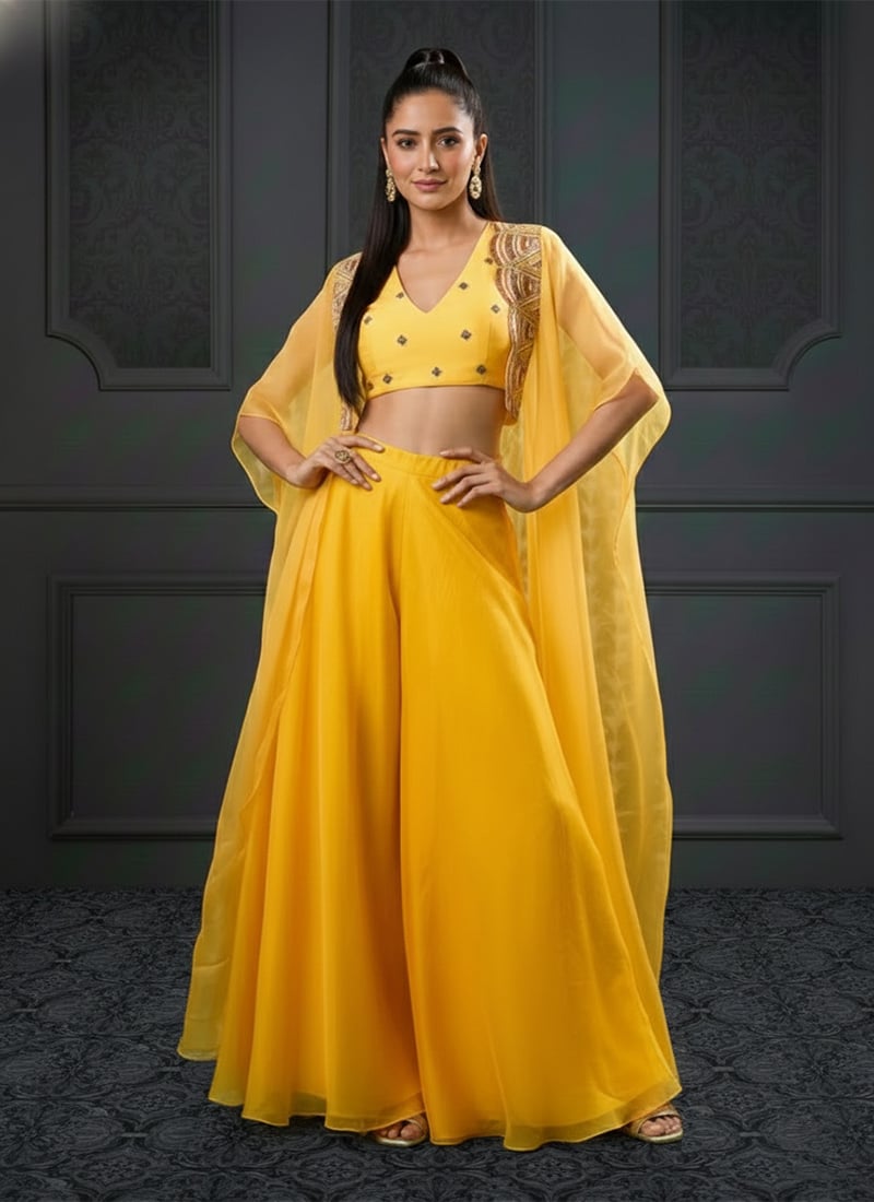 Yellow Organza Hand Embroidered Zari Sequins Indowestern Jacket Palazzo Set After Six Wear