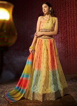Yellow Organza Leheriya Print Embroidered Sequins Gorgeous Lehenga