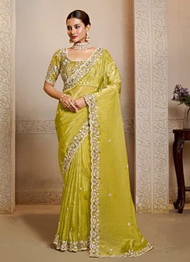 Yellow Organza Satin Hand Embroidered Sequins With Moti Work Saree