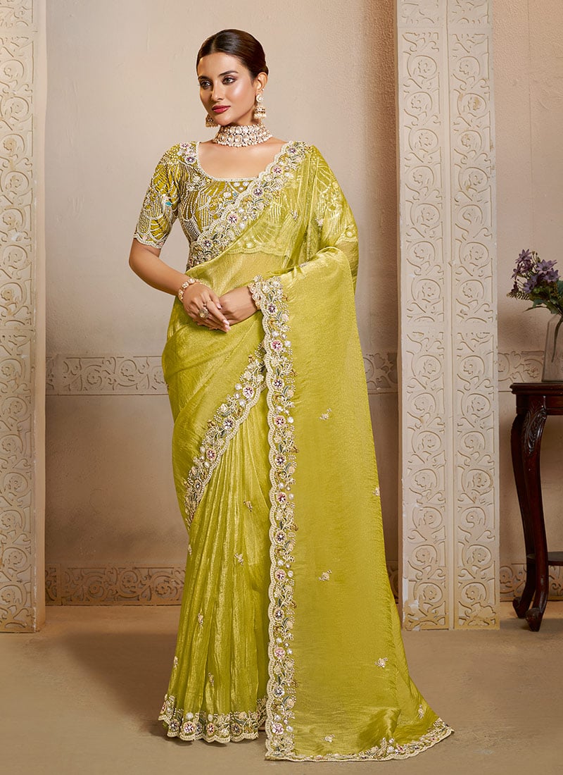 Yellow Organza Satin Hand Embroidered Sequins With Moti Work Saree Festive Wear