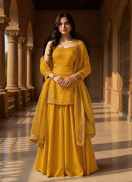 Yellow Organza Sequins Moti Hand Embroidered Palazzo Suit