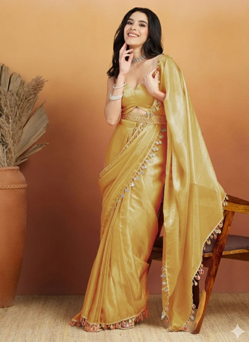 Yellow Organza Teardrop Lace Border Saree After Six Wear