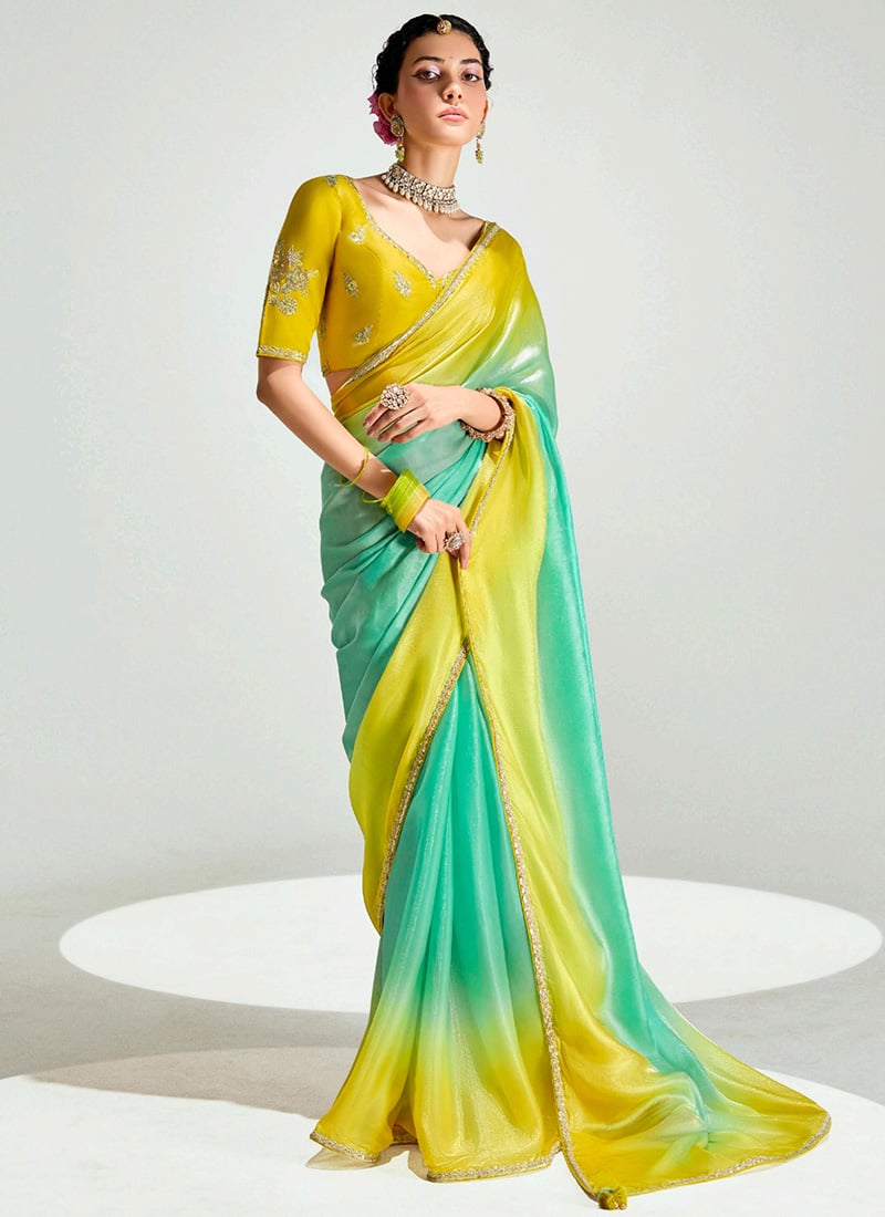 Yellow Organza Tissue Zari Embroidered Sequins Saree