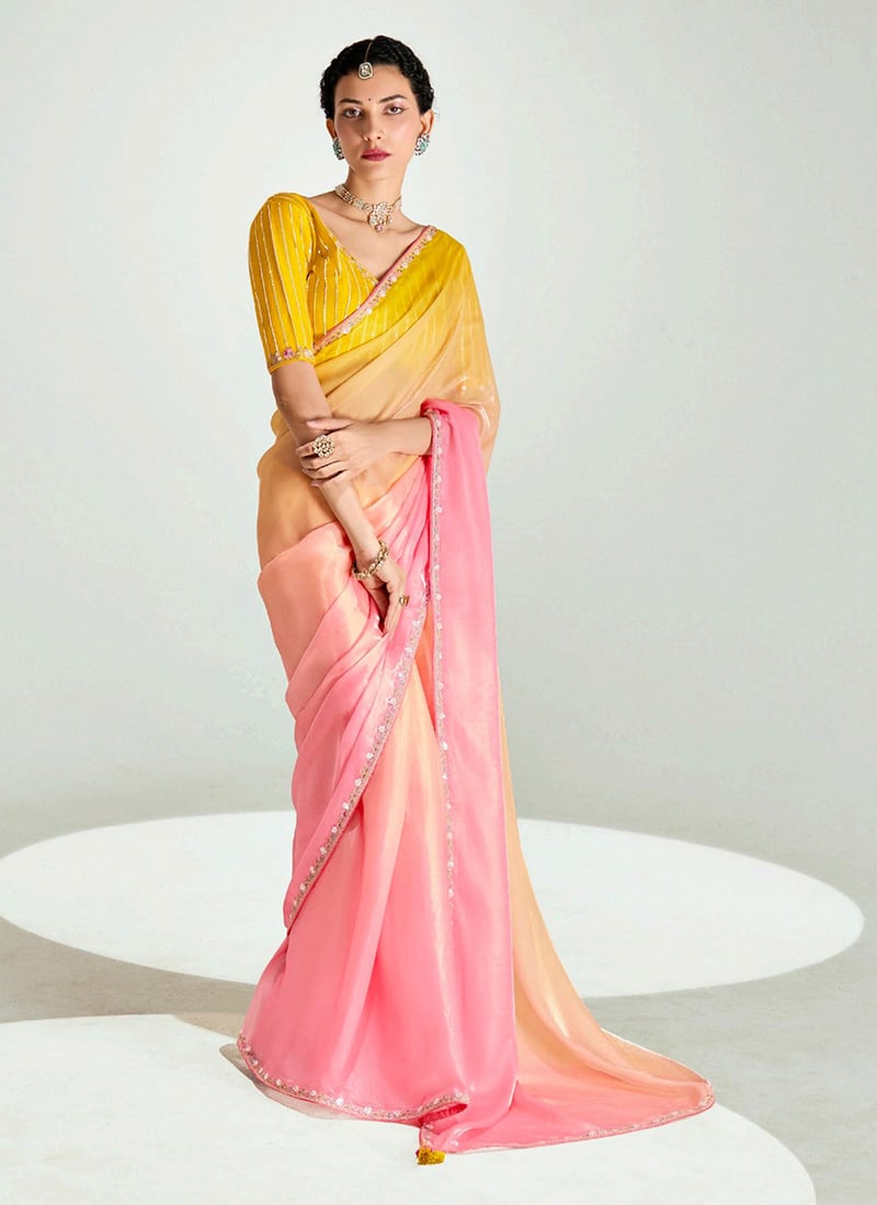 Pink Organza Tissue Zari Embroidered Sequins Saree Festive Wear