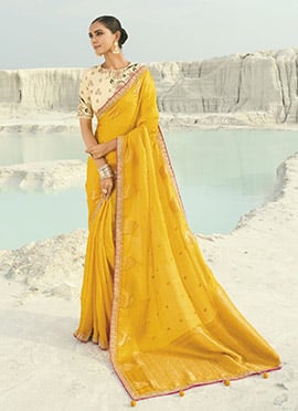 Yellow Organza Viscose Satin Silk Zari Embroidered Sequins With Moti Work Saree