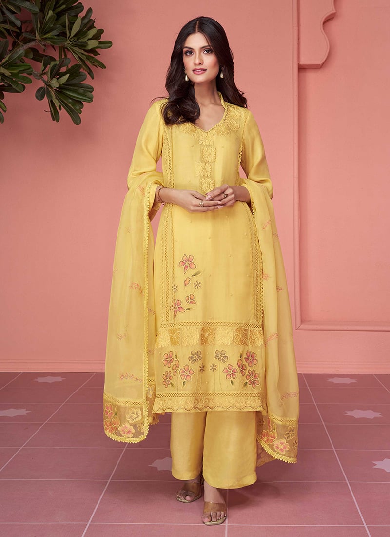 Yellow Organza Zardosi Beads Thread Embroidered Straight Pant Suit After Six Wear