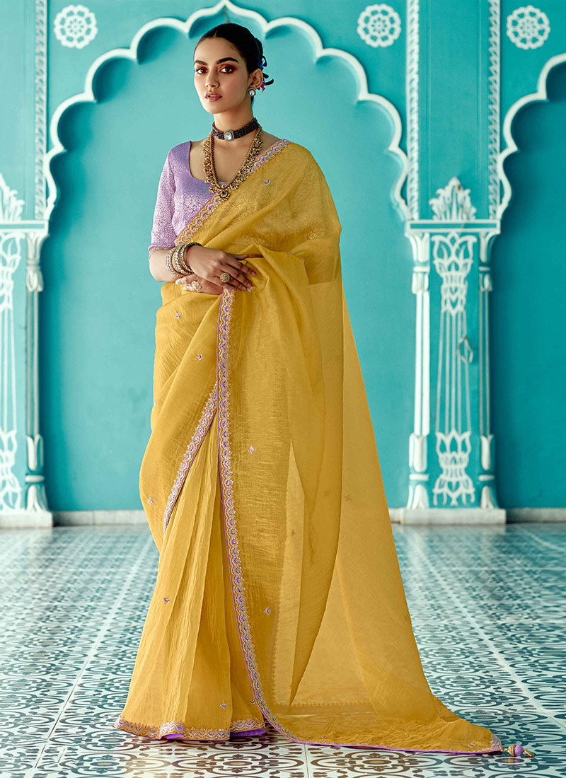 Yellow Organza Zari Embroidered Sequins Saree Festive Wear-SASCC3923S2199