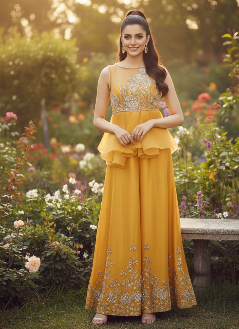 Yellow Organza Zari Hand Embroidered Sequins Palazzo Suit  Festive Wear