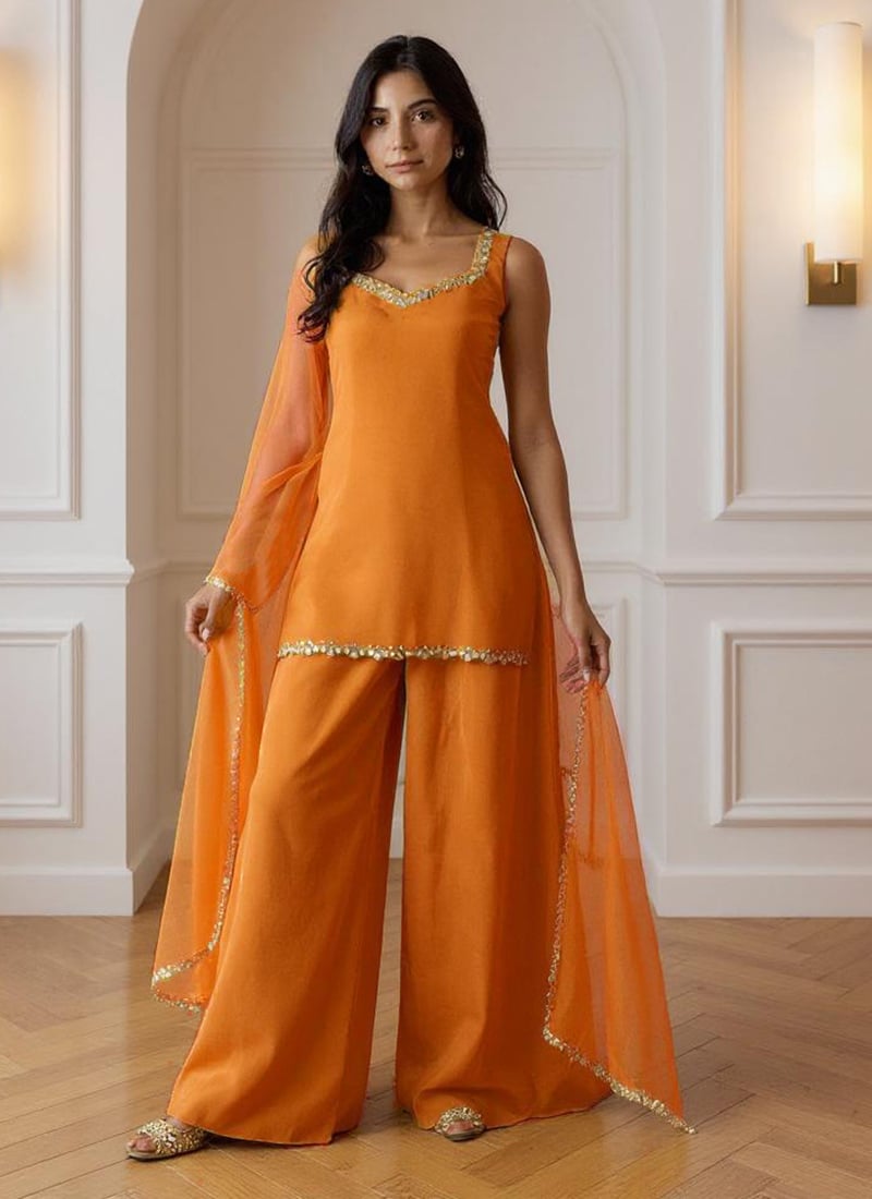 Yellow Organza Zari Hand Embroidered With Mirror Work Palazzo Suit