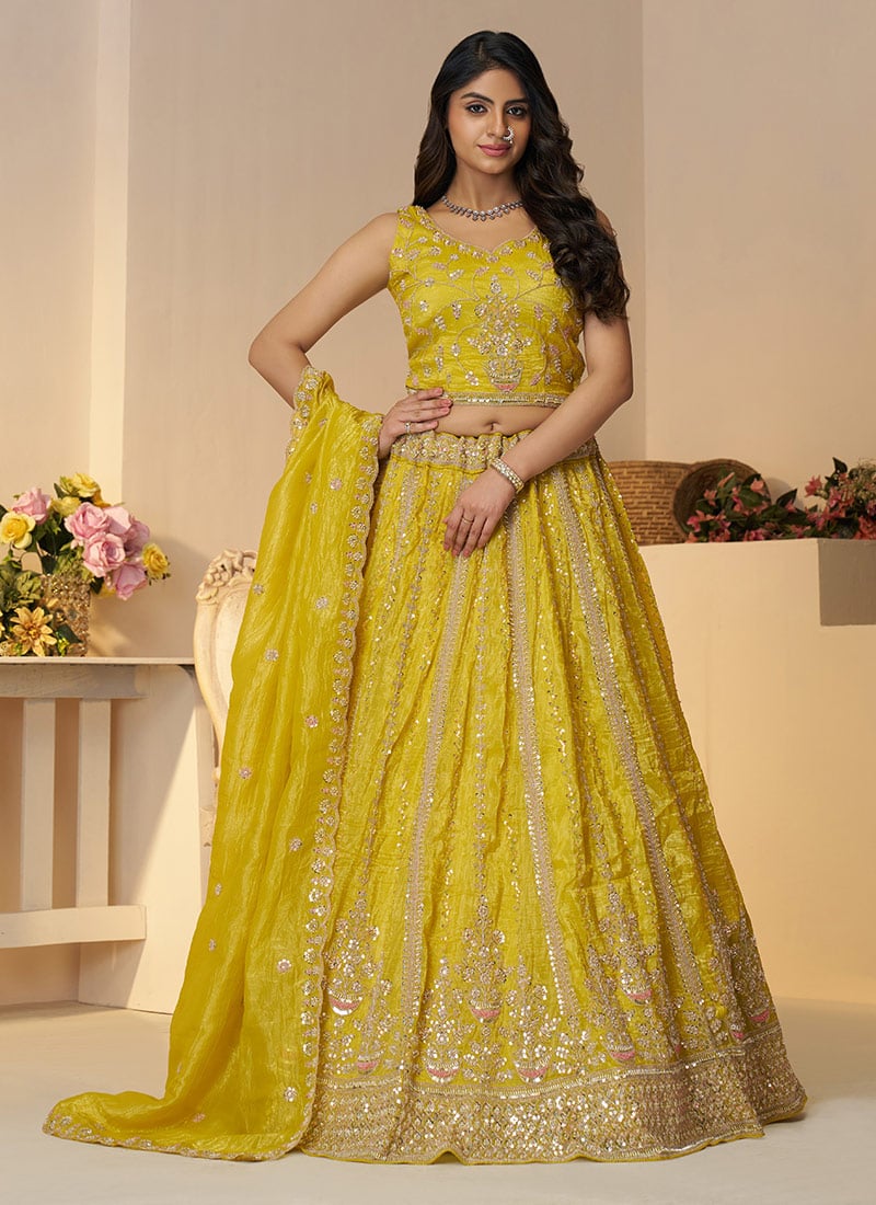 Yellow Organza Zari Sequins Embroidered Beads Lehenga Wedding Wear