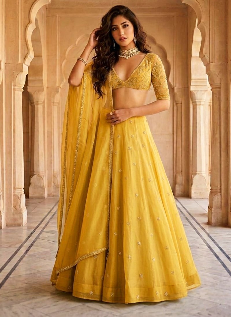 Yellow Organza Zari Sequins Hand Embroidered Lehenga Wedding Wear