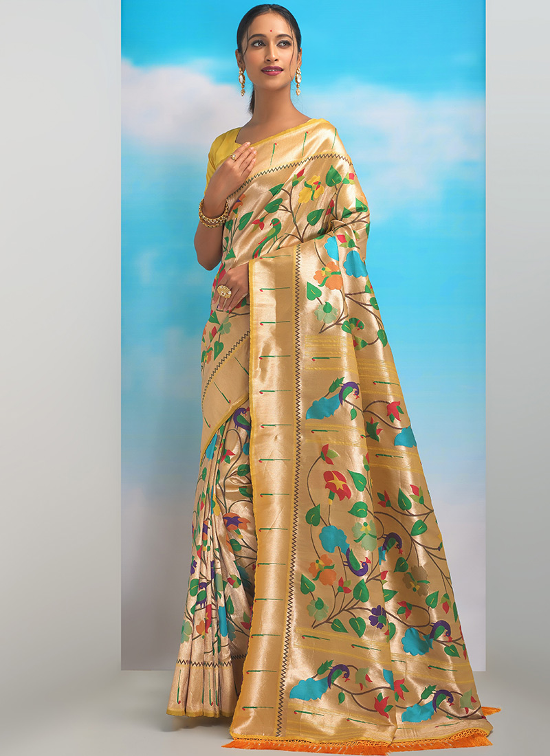 Buy Yellow Paithani Silk Zari Saree Festive Wear Online at Best Price