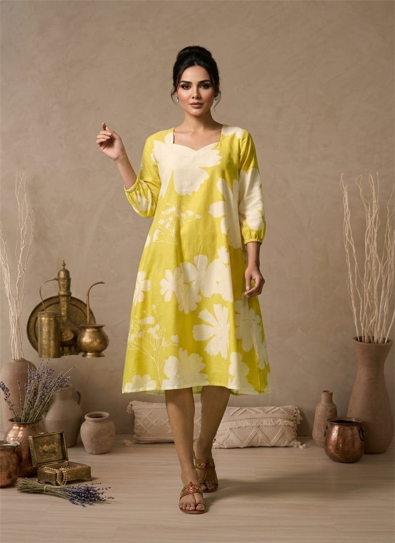Yellow Printed Cotton Floral Dress After Six Wear