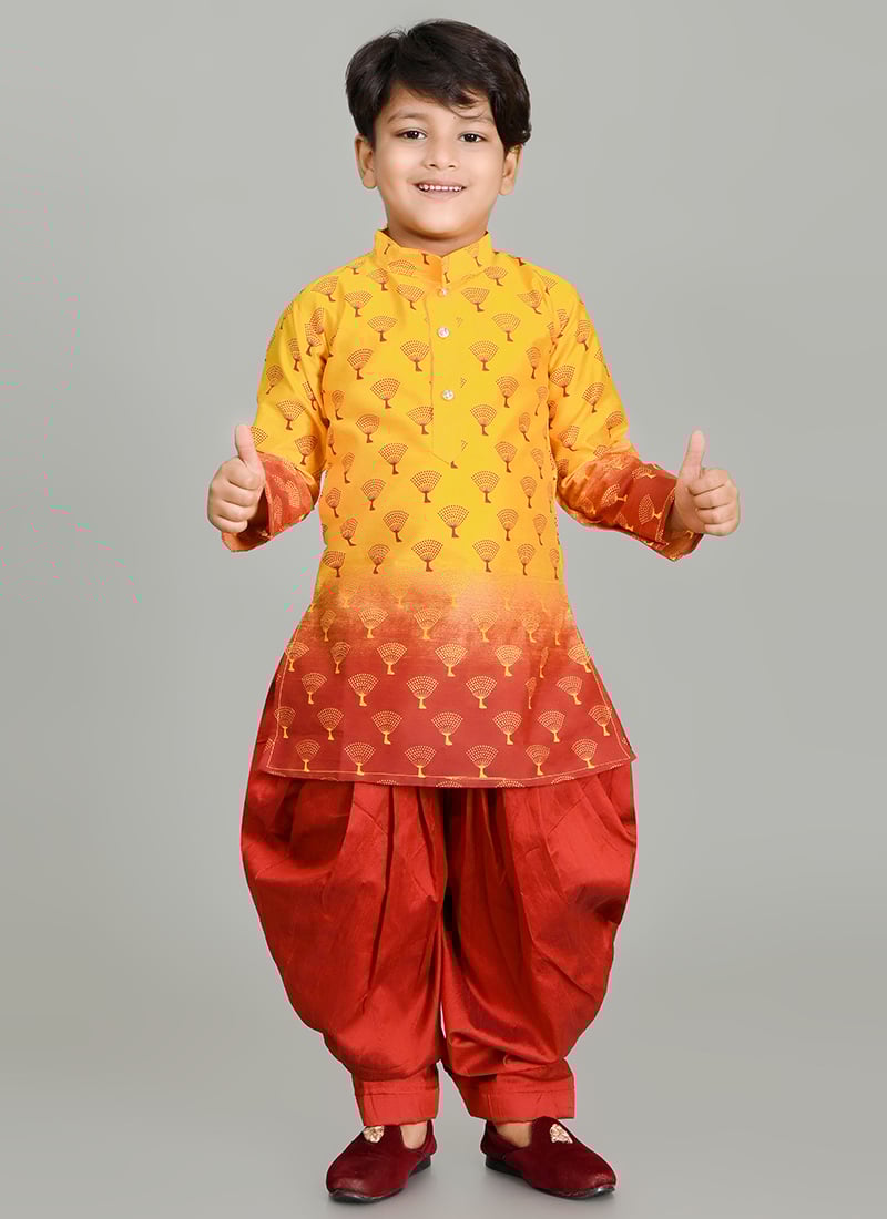 Yellow Printed Cotton Kids Boys Dhoti Style Kurta Pyjama Festive Wear