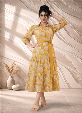 Yellow Printed Cotton Shirt Collar Maxi Dress