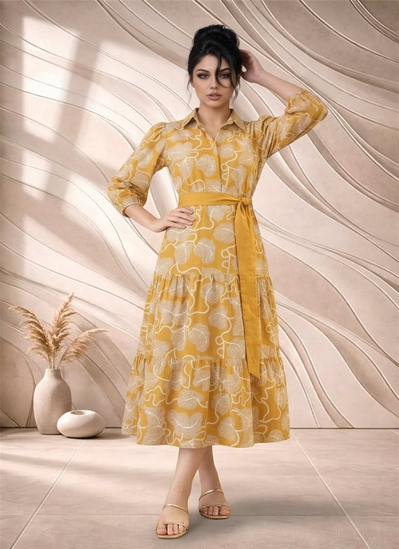 Yellow Printed Cotton Shirt Collar Maxi Dress After Six Wear