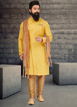 Yellow Printed Cotton Silk Indowestern Sherwani
