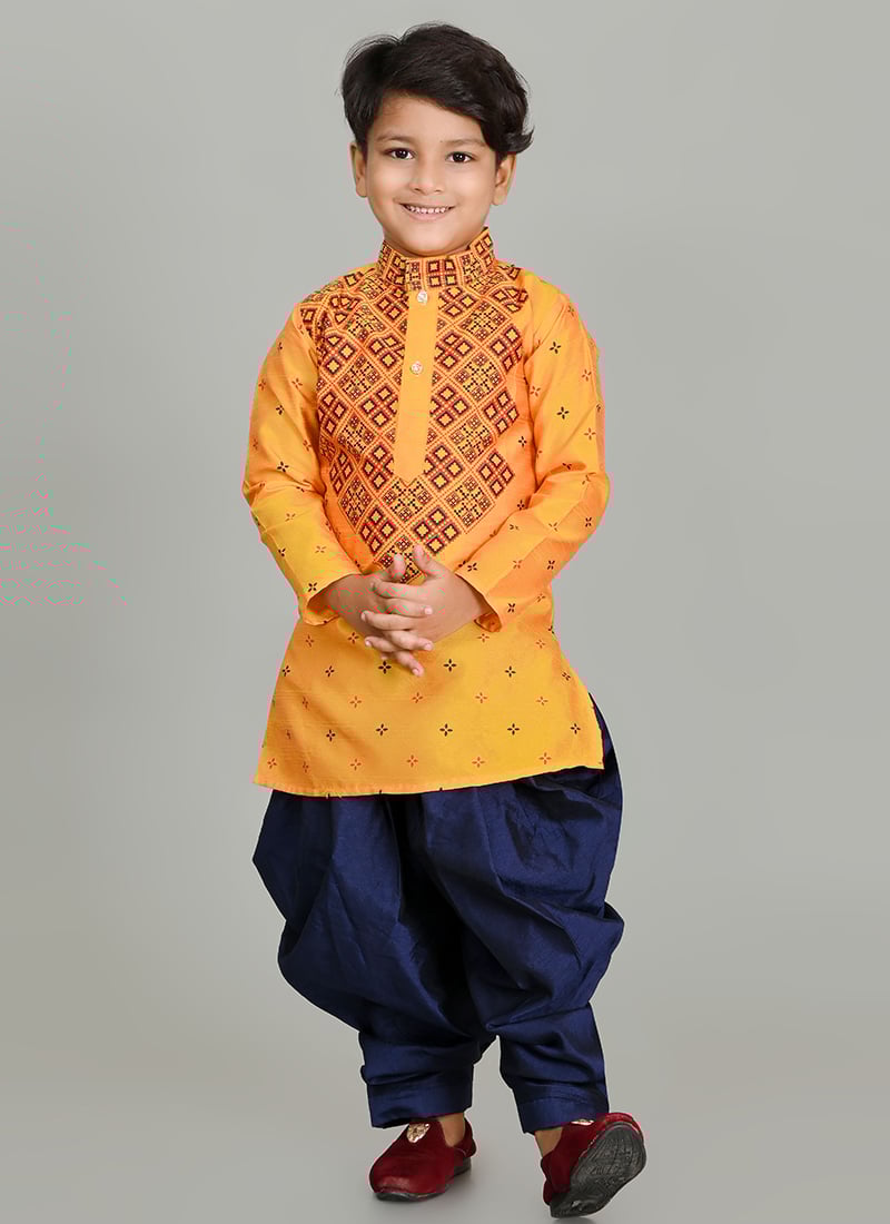Yellow Printed Dupion Silk Kids Dhoti Style Kurta Pyjama Festive Wear