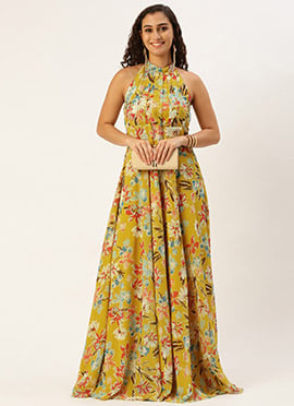 Yellow Printed Halter Neck Georgette