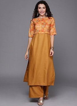 Yellow Printed Rayon Boat Neck Kurta Set