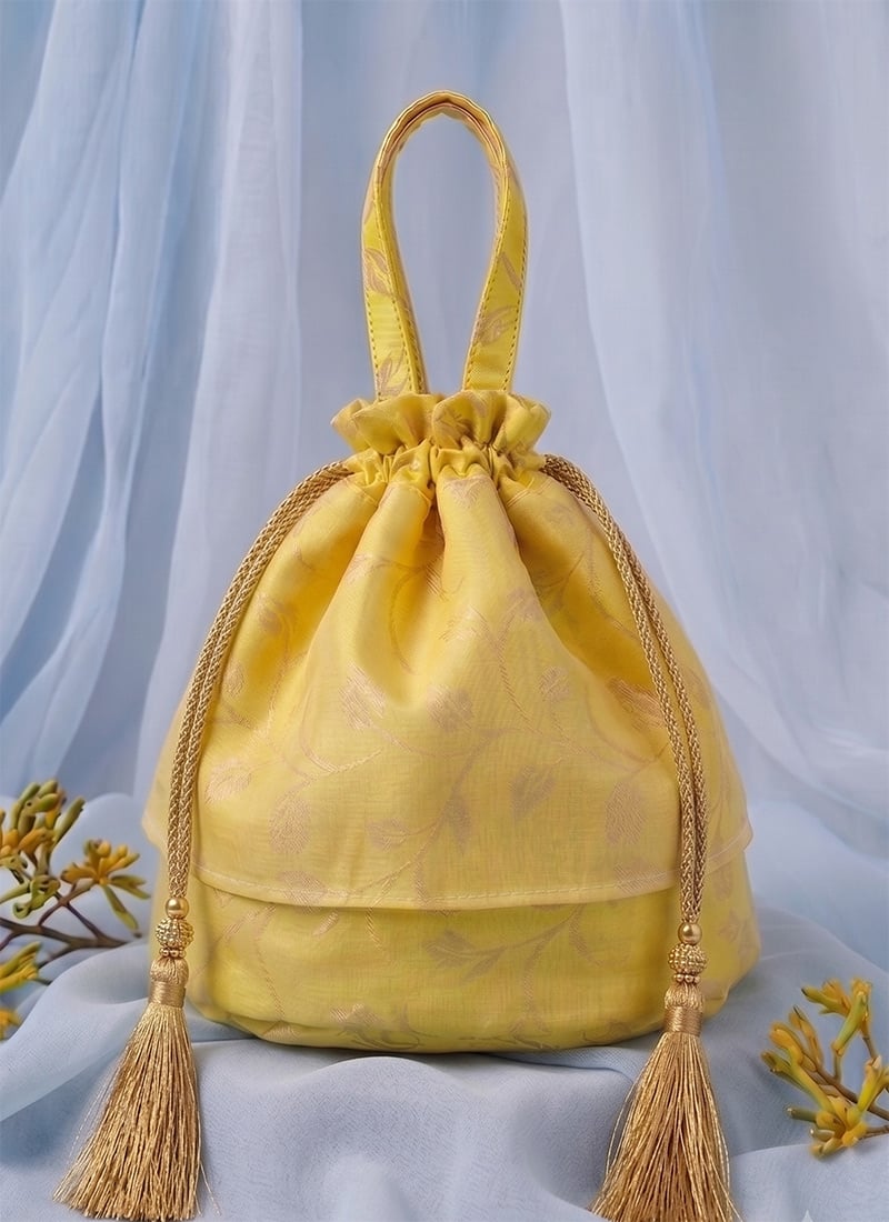 Yellow Printed Taffeta Potli Bag
