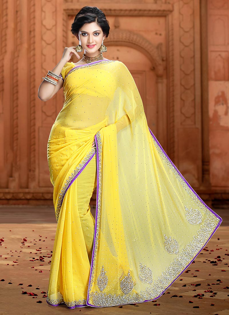 Yellow chiffon saree online Clearance