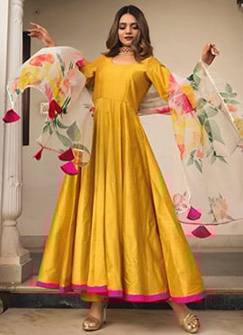 Yellow Pure Silk Cotton Gota Plain Simple Anarkali Suit