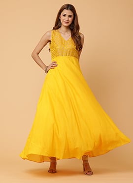 Yellow Pure Silk Jacquard Dress Luxurious Style
