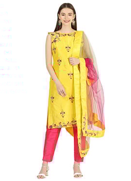 Yellow Raw Silk Embroidery Straight Pant Suit