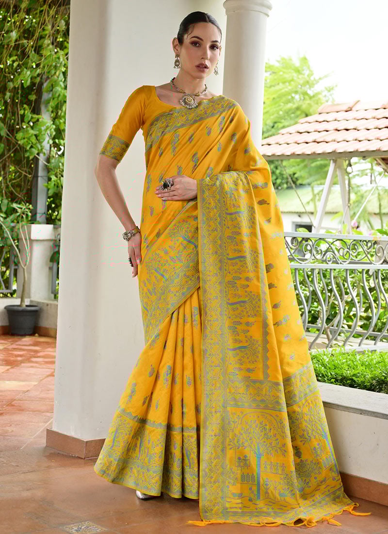 Yellow Raw Silk Handloom Woven Saree Festive Wear