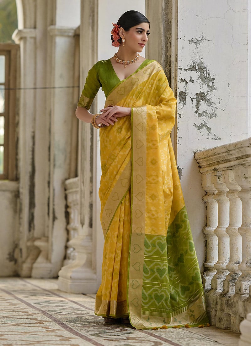 Yellow Raw Silk Zari Resham Woven Ikat Print Saree Festive Wear