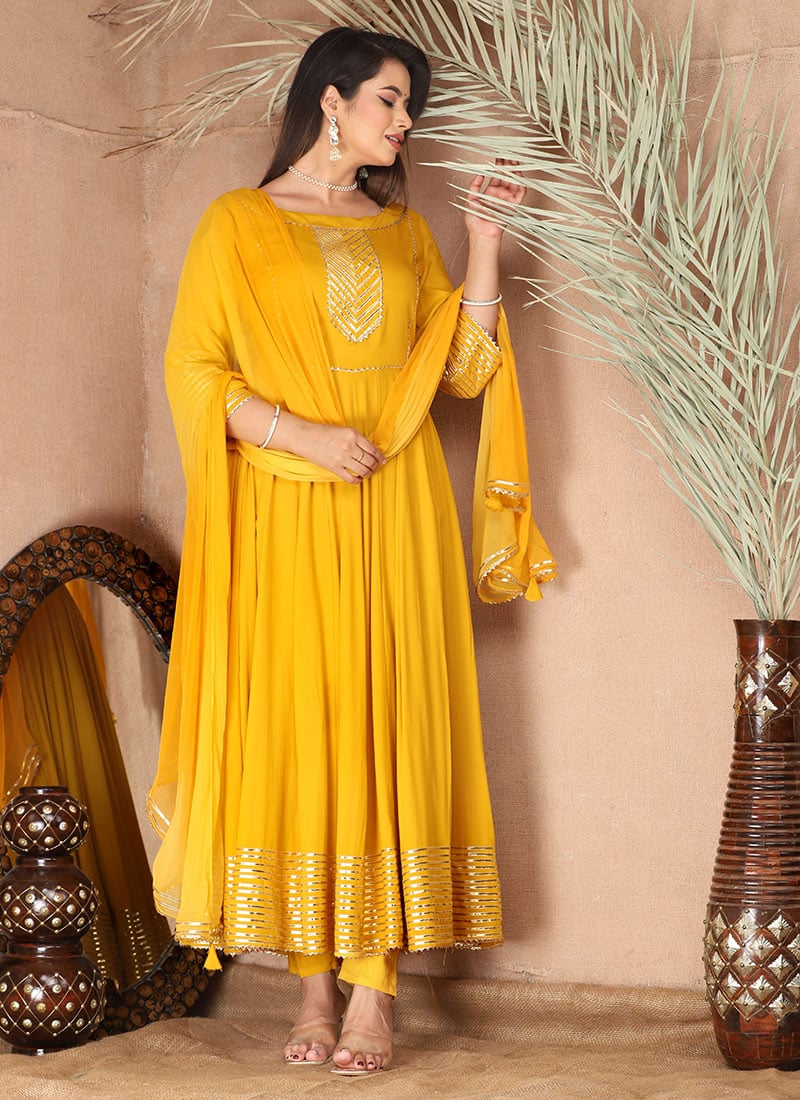 Yellow Rayon Anarkali Suit With Gota Detailing A Classic Evening After Six Wear
