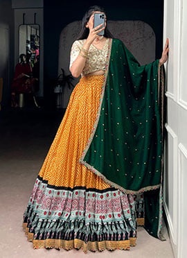 Yellow Rayon Bandhej And Ajrakh Printed With Sequins Embroidered Lehenga