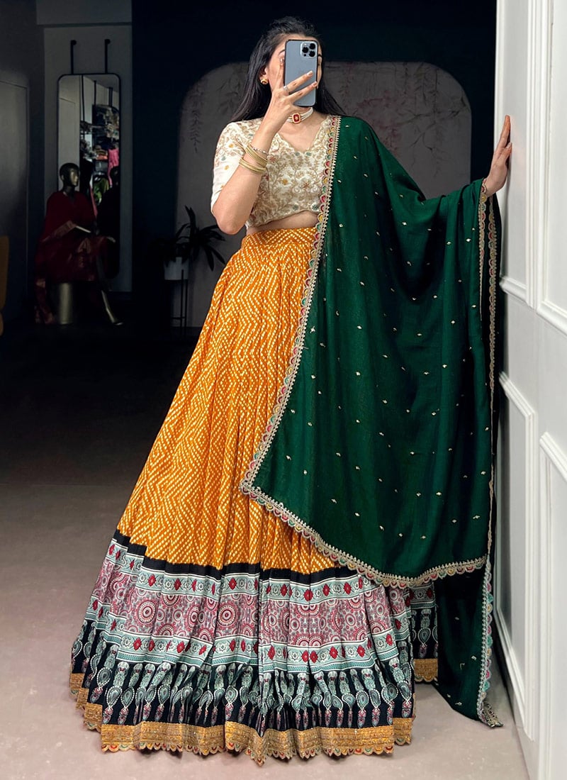 Yellow Rayon Bandhej And Ajrakh Printed With Sequins Embroidered Lehenga Festive Wear