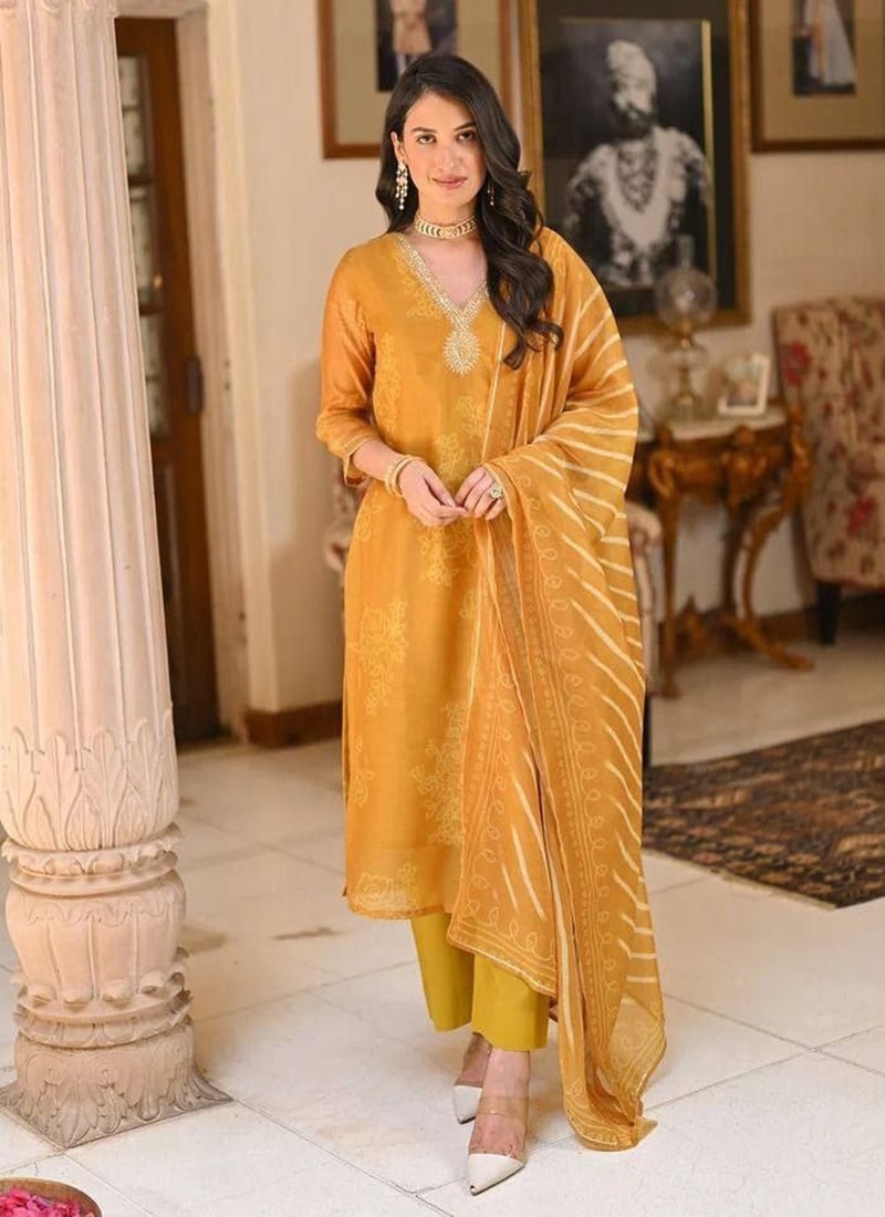 Yellow Rayon Bandhini Print With Embroidered Sequins Straight Pant Suit  Festive Wear