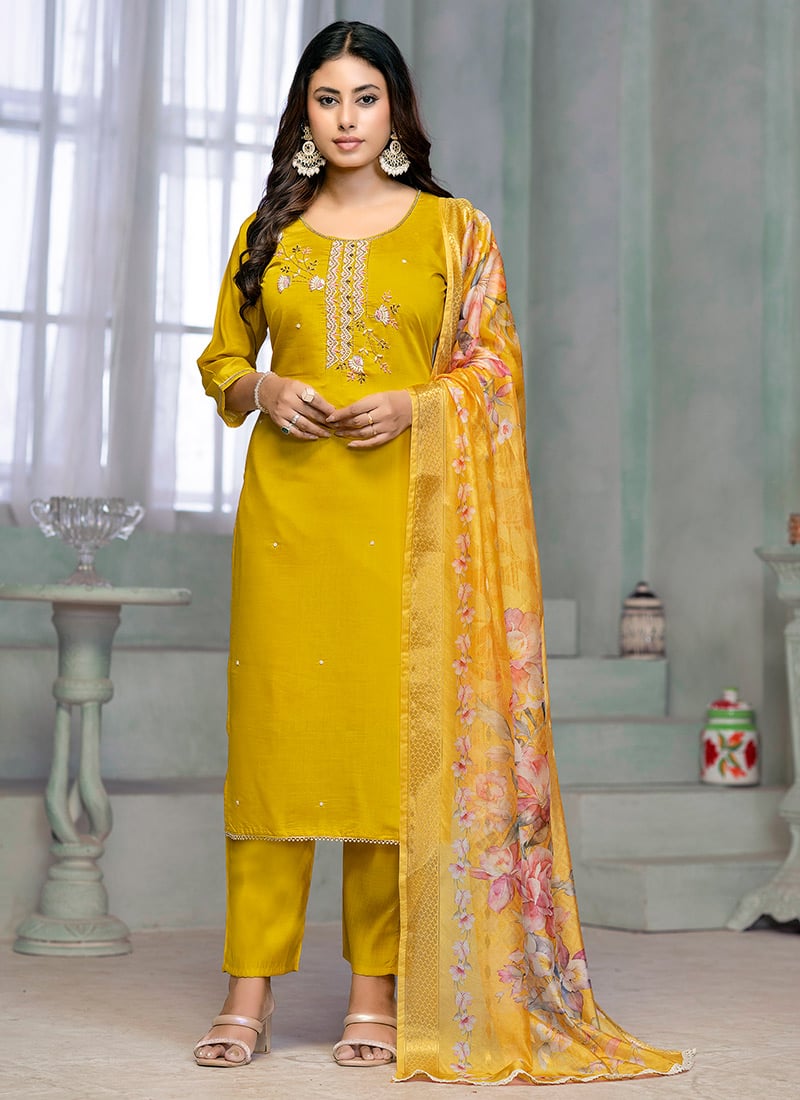 Yellow Rayon Beads Hand Embroidered Straight Pant Suit With Printed Dupatta Festive Wear