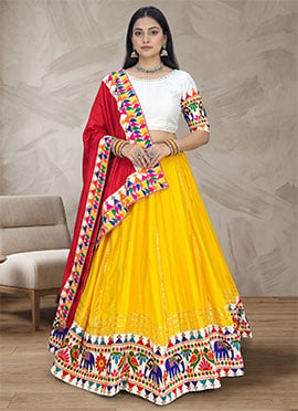 Yellow Rayon Cotton Mirror Work Chaniya Choli For Dandiya Night