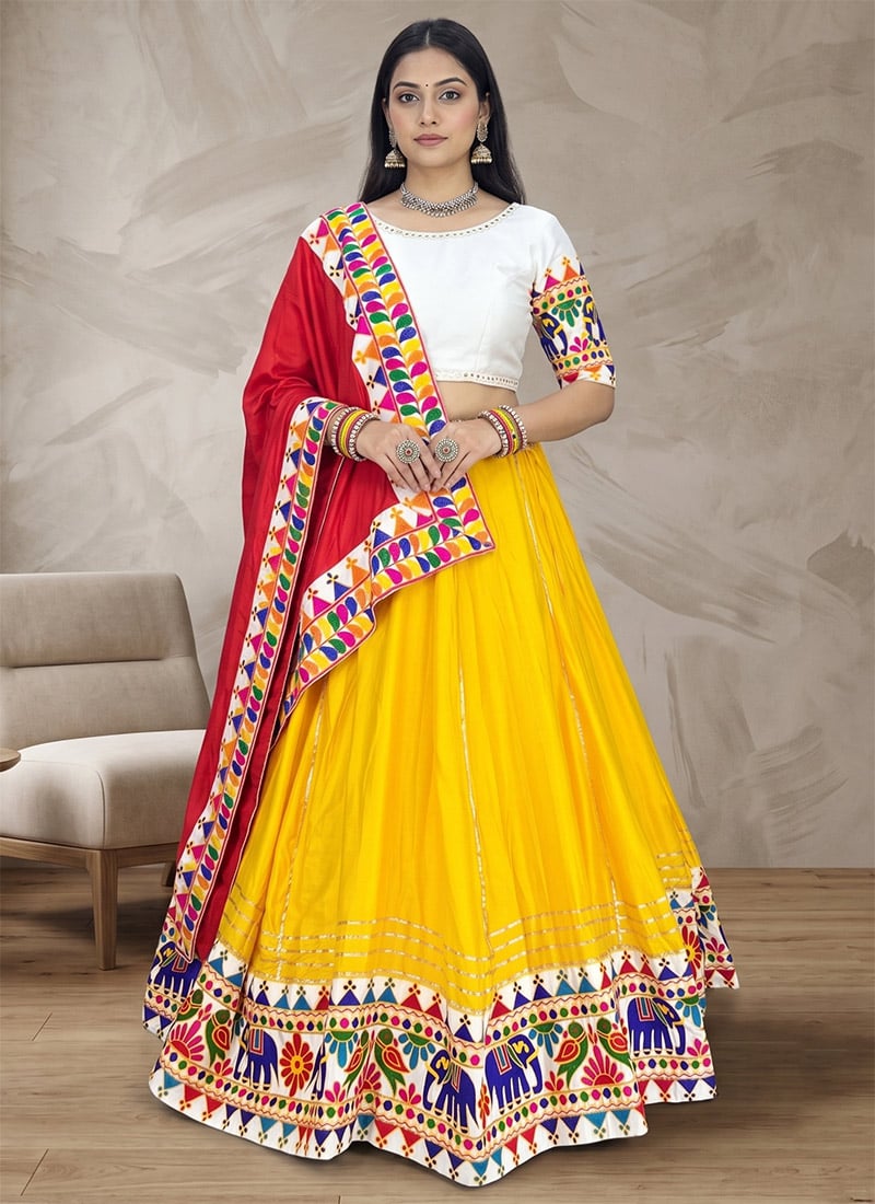Yellow Rayon Cotton Mirror Work Chaniya Choli For Dandiya Night Festive Wear